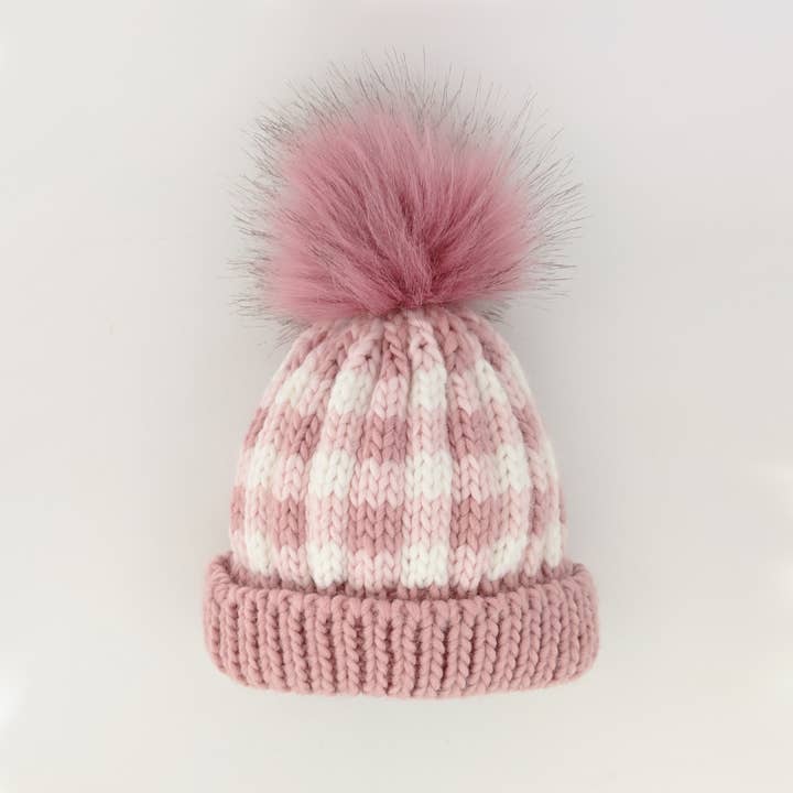 Rosy Pink Buffalo Check Pom Pom Beanie Hat Baby & Kids