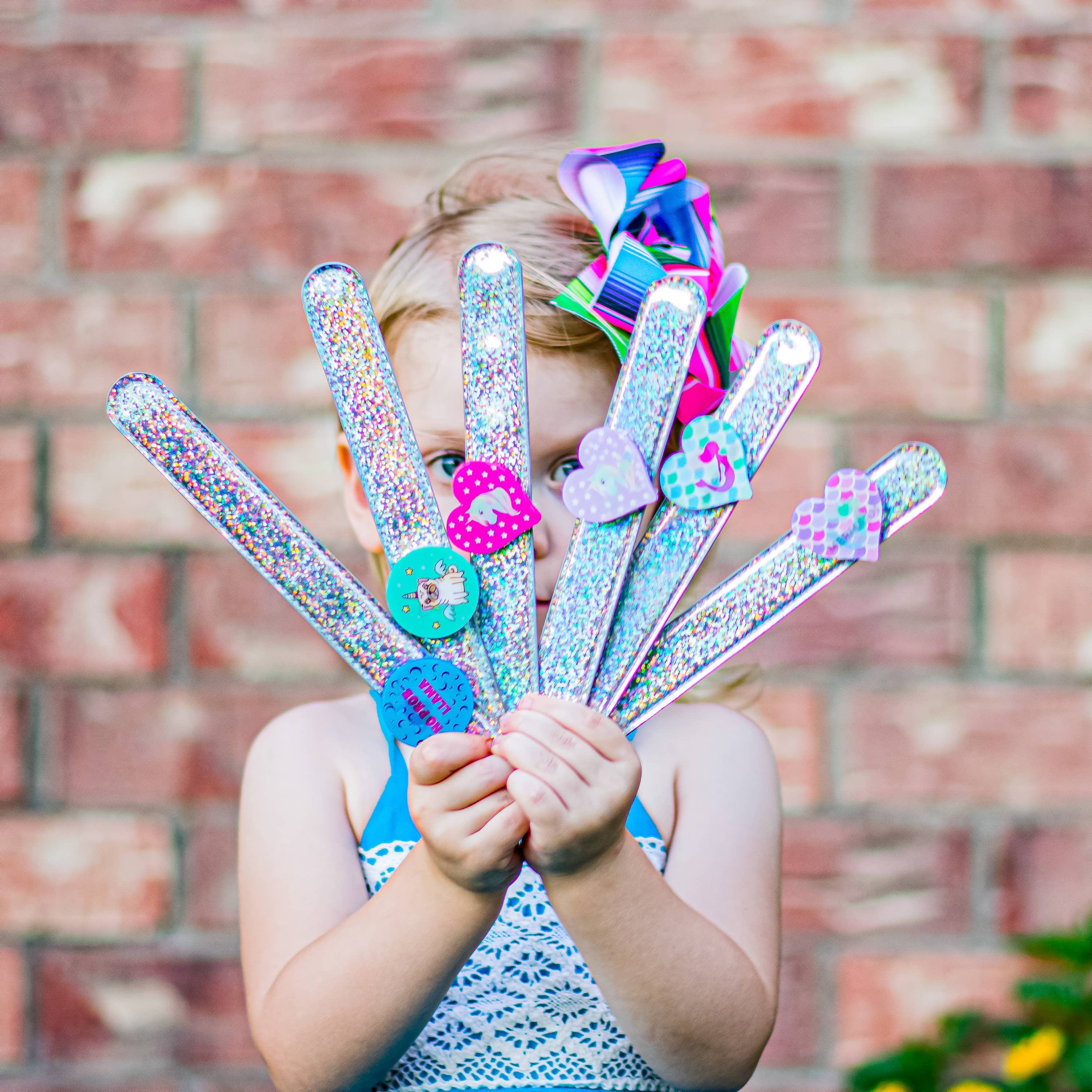 Glitter Slap Bracelet with 3D Image-Shifting Charms - 6 Pack