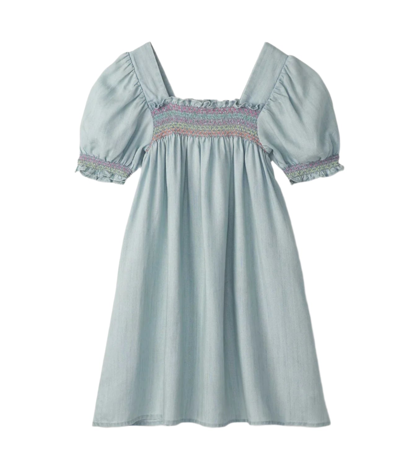 Soft Blue Denim Puff Sleeve Smocked Dress