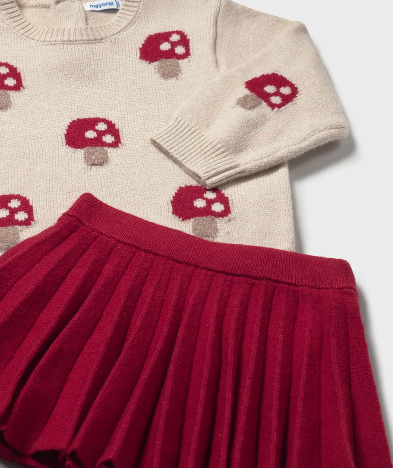 Pleated Skirt and Mushroom Sweater