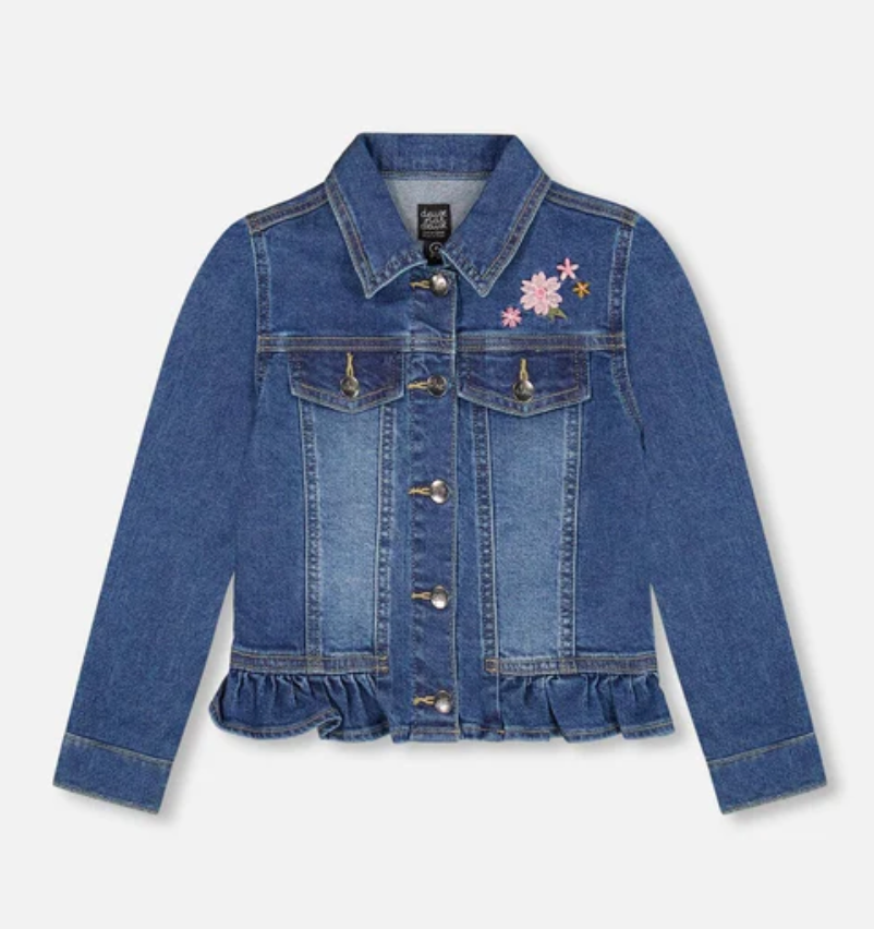 Denim Jacket Blue With Ruffle Hem And Floral Embroidery