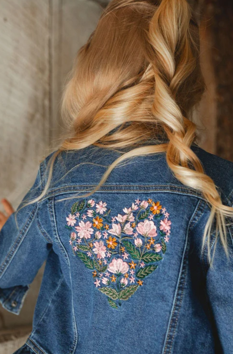Denim Jacket Blue With Ruffle Hem And Floral Embroidery