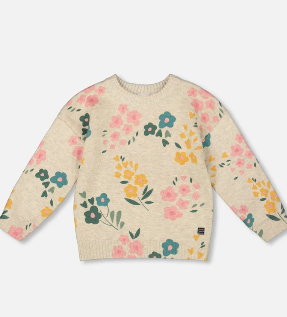 Knitted Sweater Heather Beige Gray With Floral Print