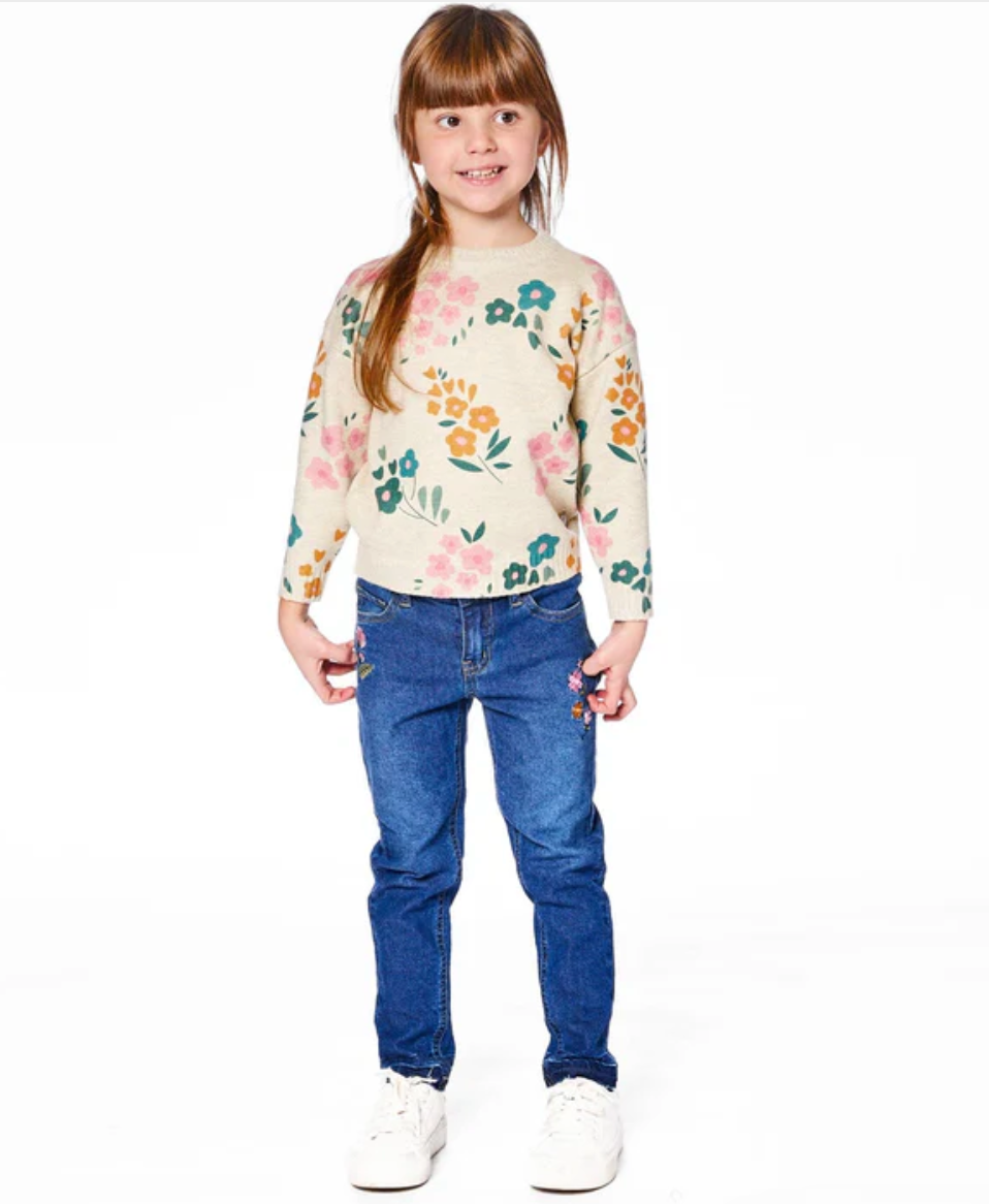 Knitted Sweater Heather Beige Gray With Floral Print