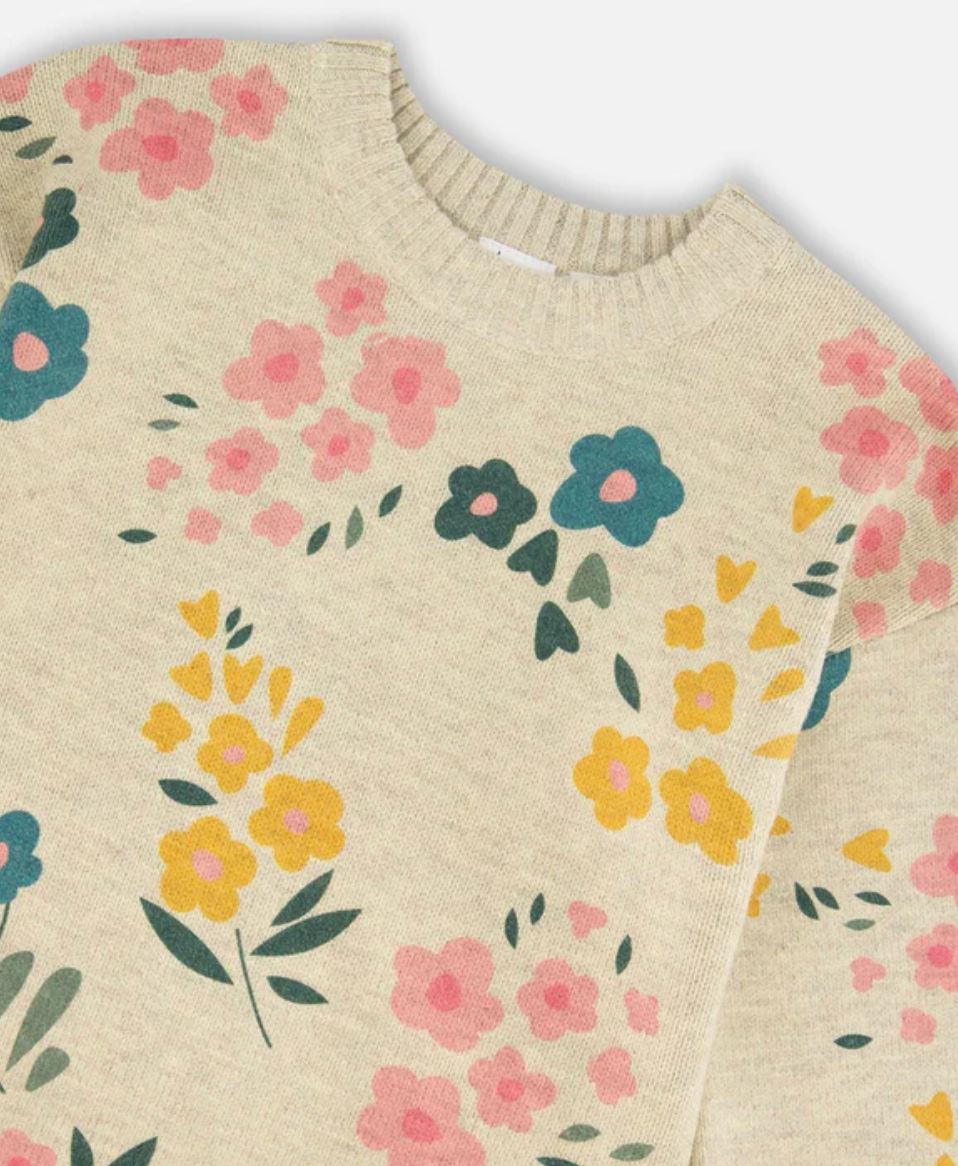 Knitted Sweater Heather Beige Gray With Floral Print