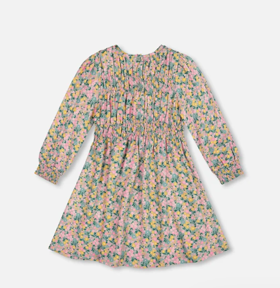 Smocked Viscose Dress Green With Floral Print