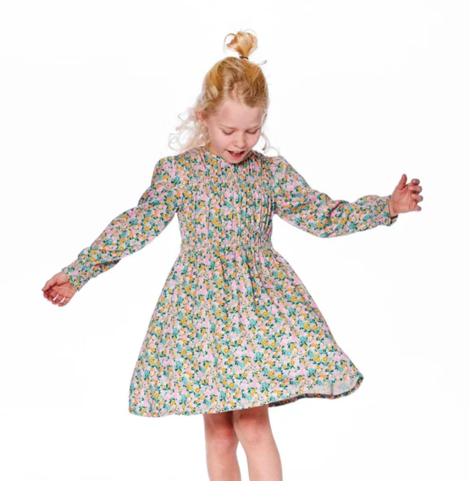 Smocked Viscose Dress Green With Floral Print