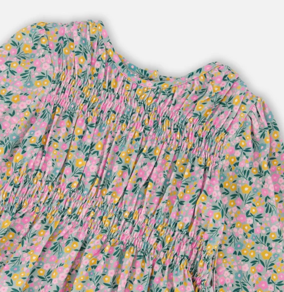 Smocked Viscose Dress Green With Floral Print