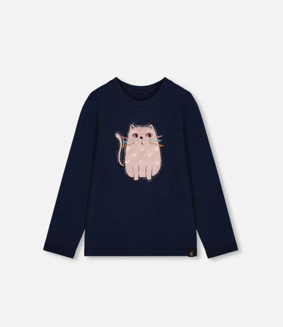 Organic Cotton T-Shirt Dark Blue With Cat