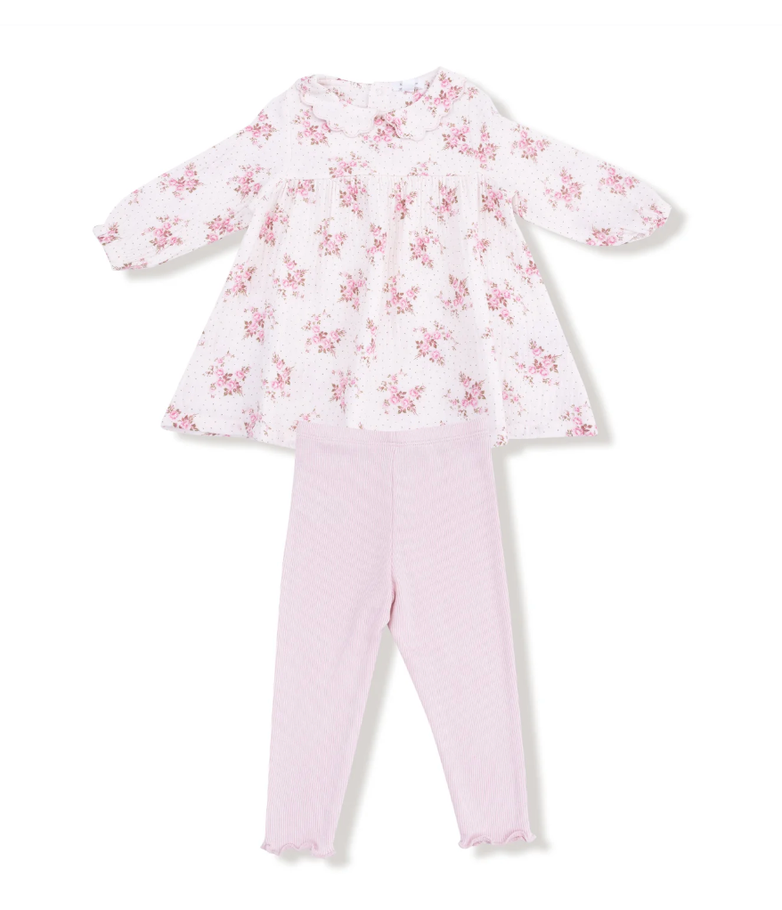 Belle Rosette Dot Long Sleeve Petal Collar Dress + Legging