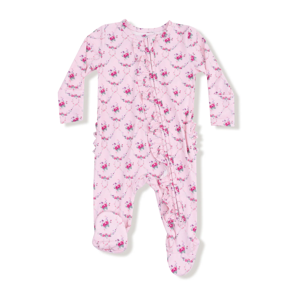Rose Garden Trellis 2 Way Ruffle Zipper Footie