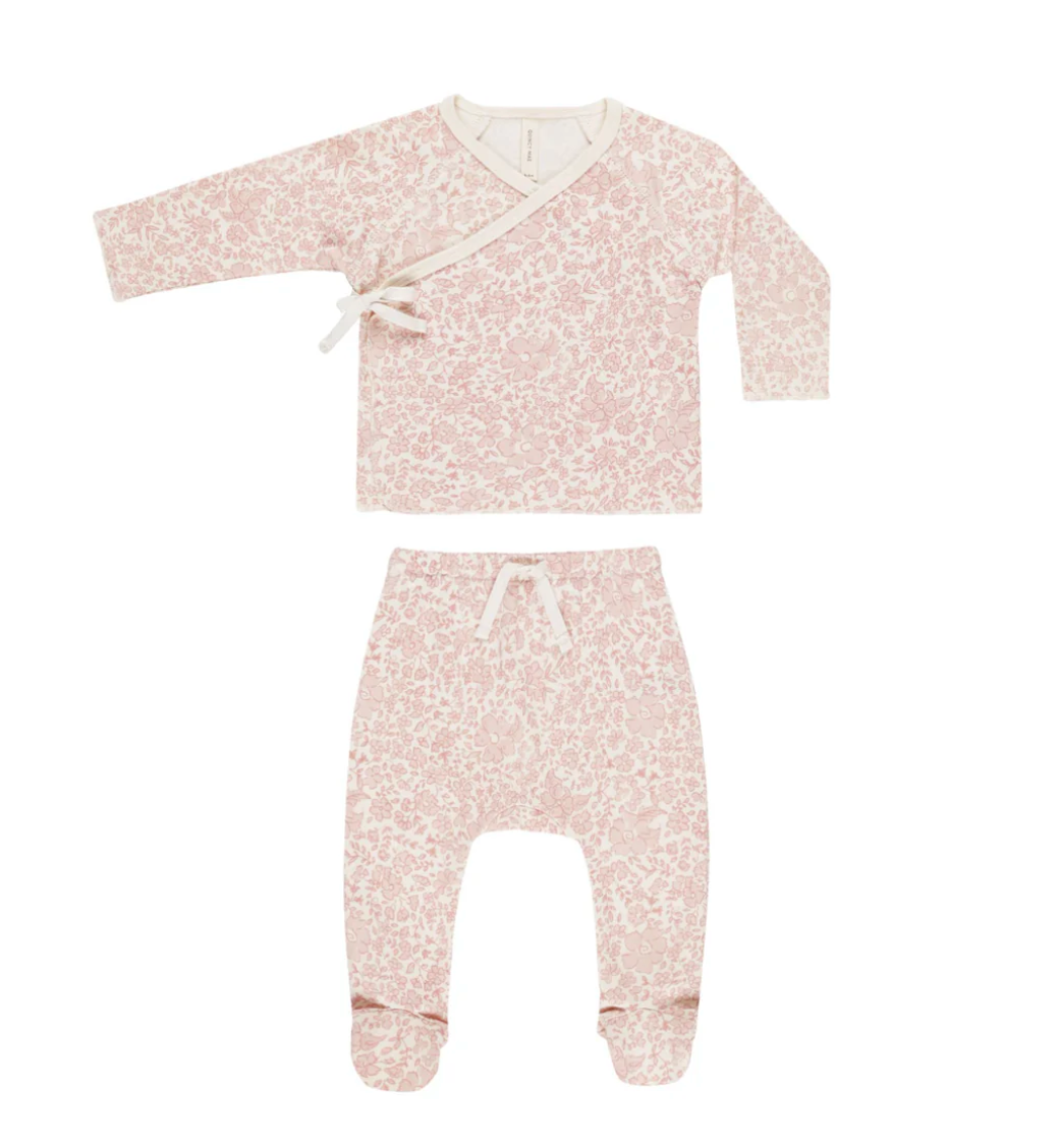 Quincy Mae Wrap Top + Footed Pant Set - Pink Blossom