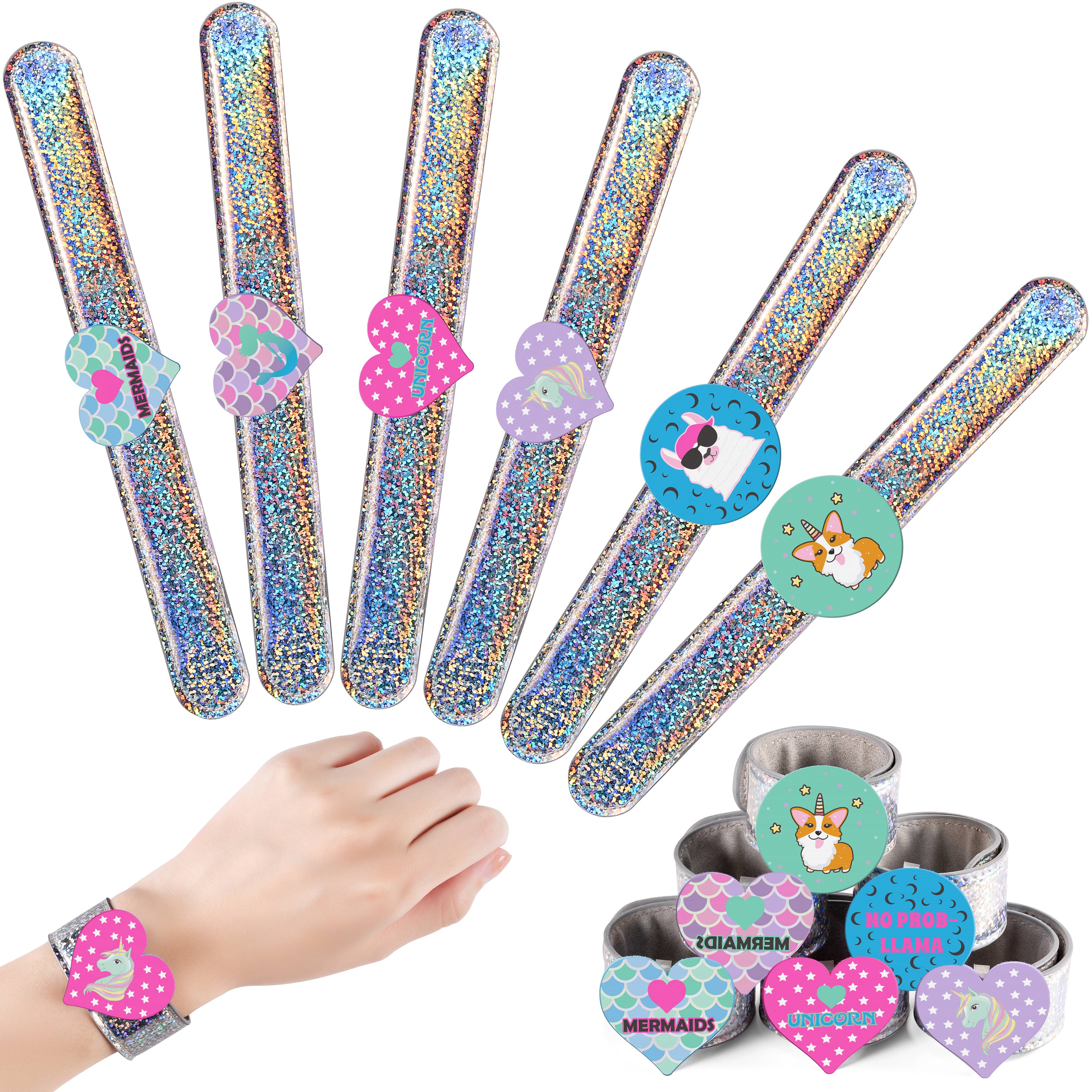 Glitter Slap Bracelet with 3D Image-Shifting Charms - 6 Pack