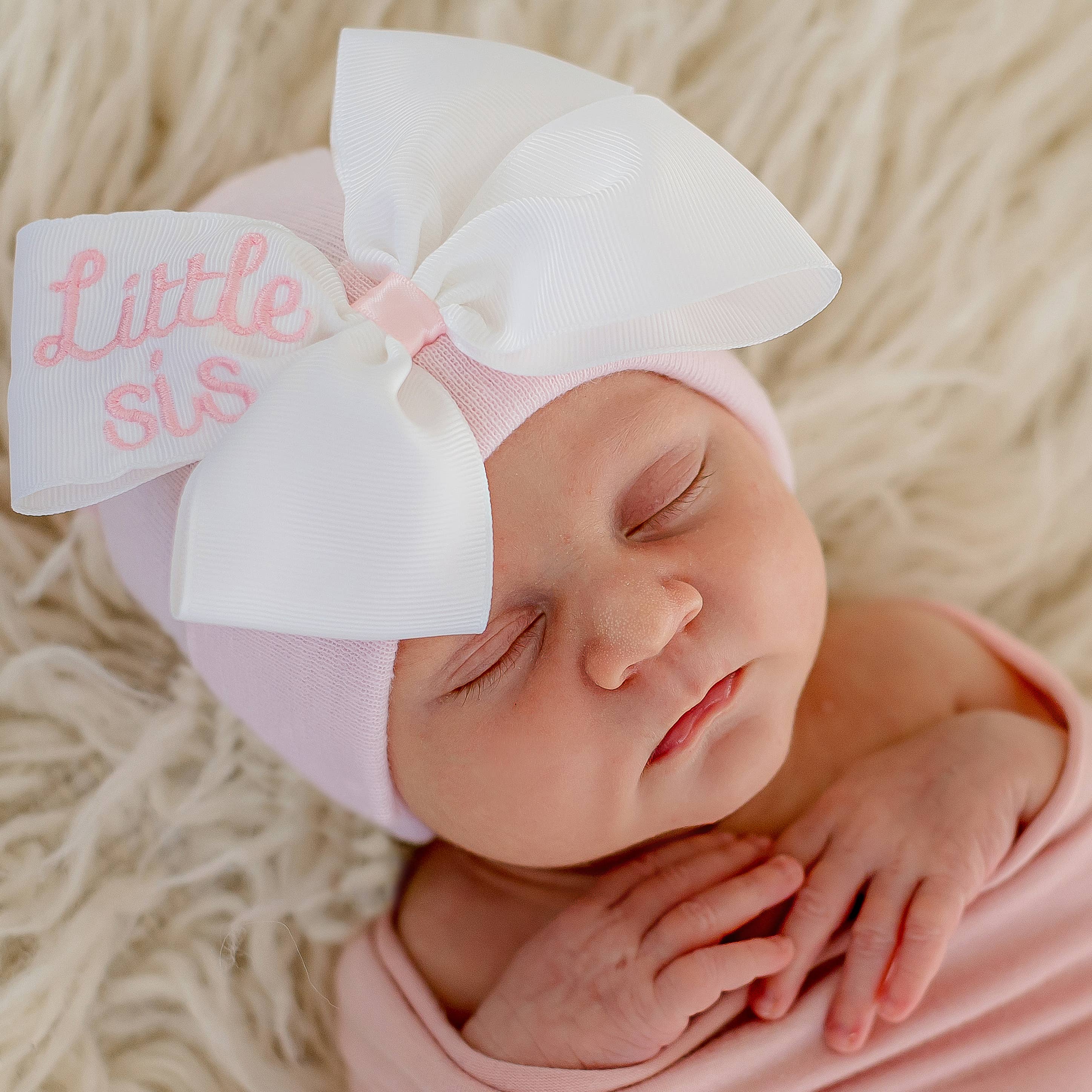 Little sis ribbon bow hat for baby sisters - newborn girls
