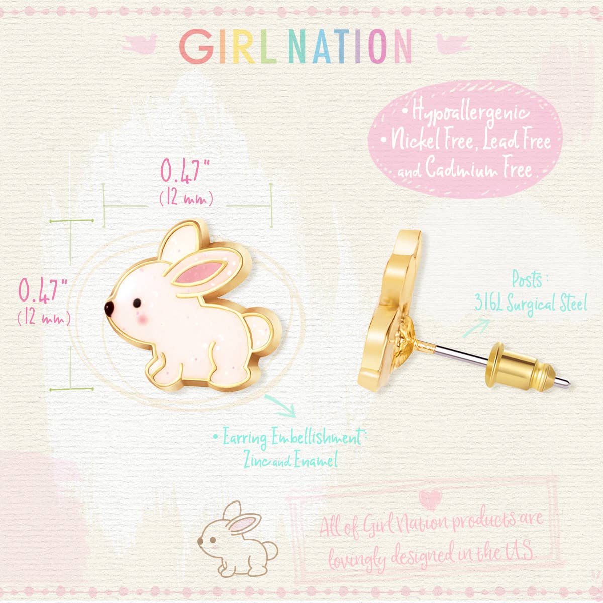 Glitter Rabbit | Cutie Stud Earrings for Children