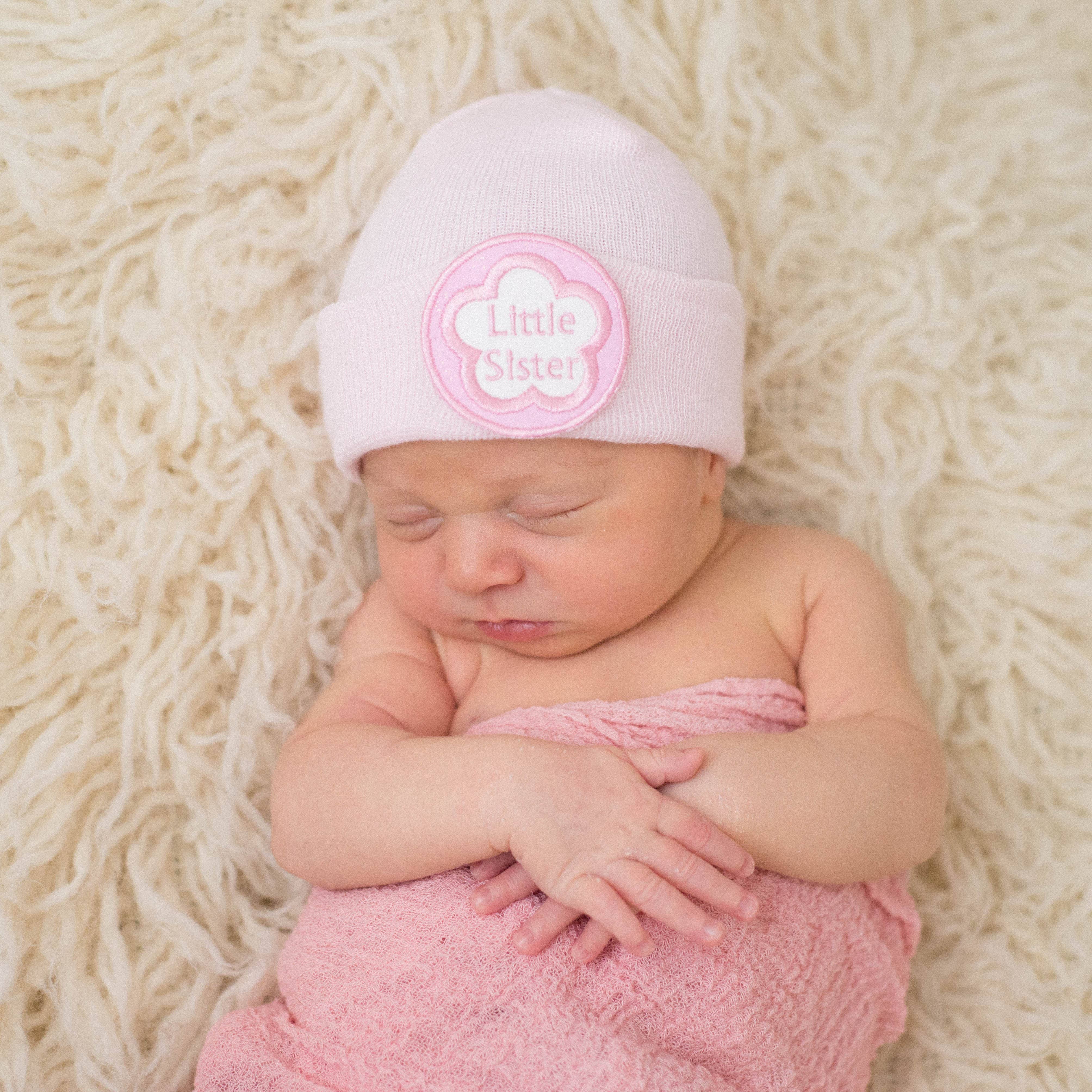 PINK LITTLE SISTER Newborn Hospital Hat Baby Girl Hat