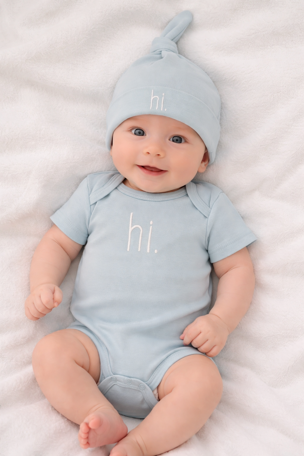Hi. Embroidered Surf Blue Cotton Knit Onesie for Baby