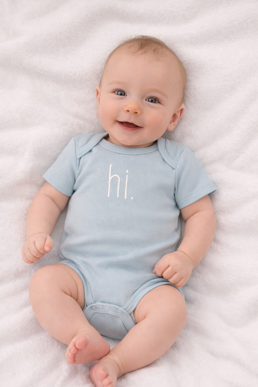 Hi. Embroidered Surf Blue Cotton Knit Onesie for Baby