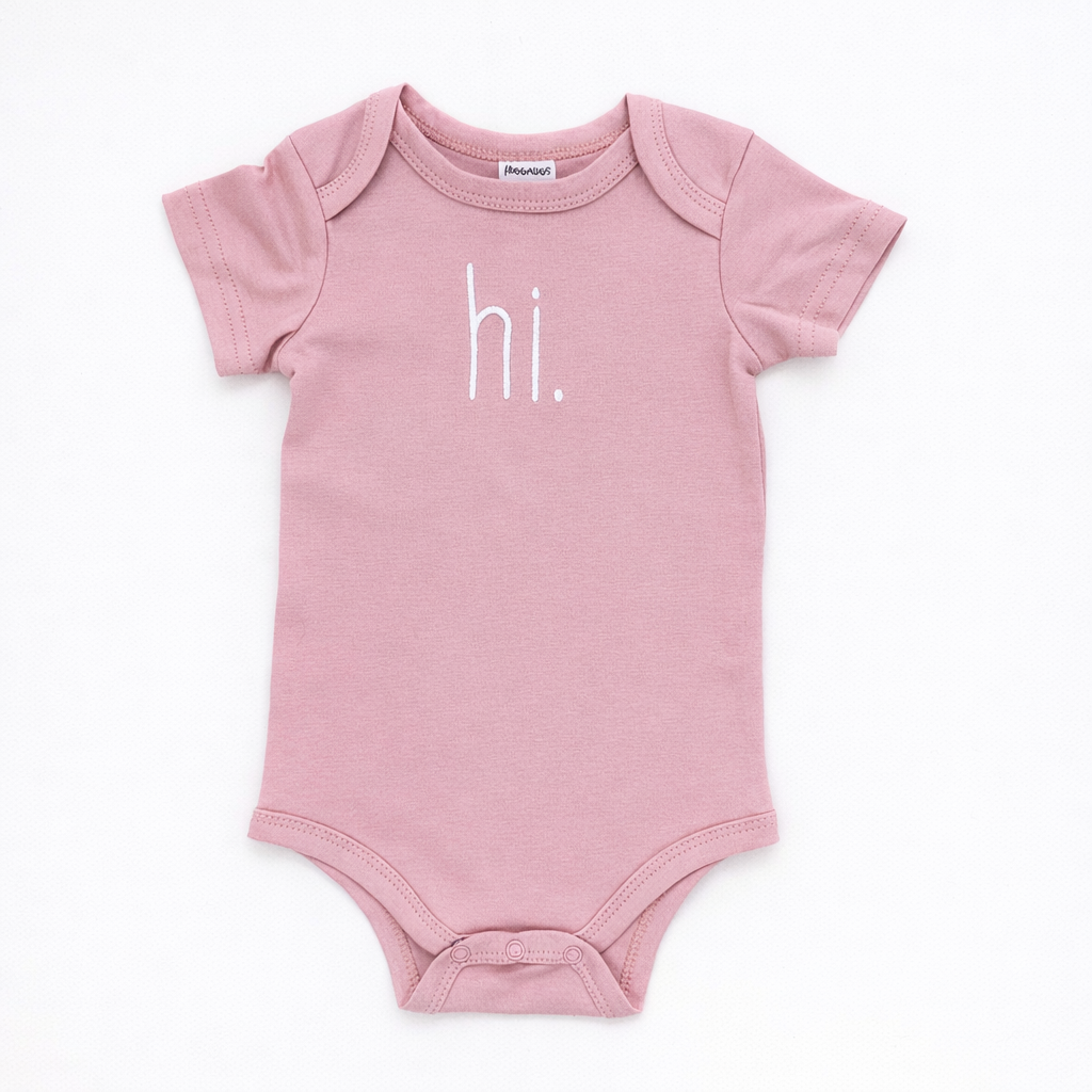 Hi. Embroidered Rosy Pink Cotton Knit Onesie for Baby