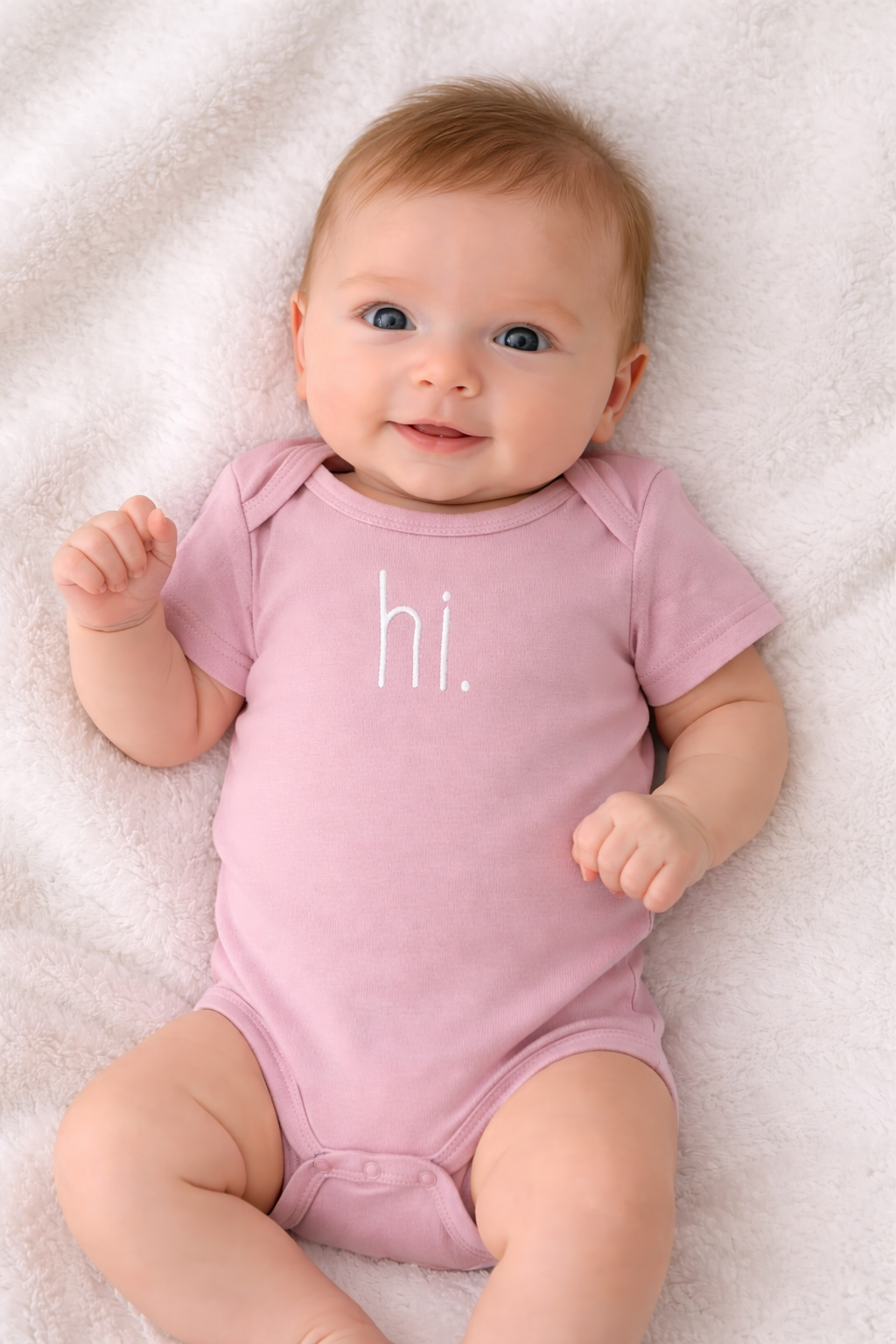 Hi. Embroidered Rosy Pink Cotton Knit Onesie for Baby