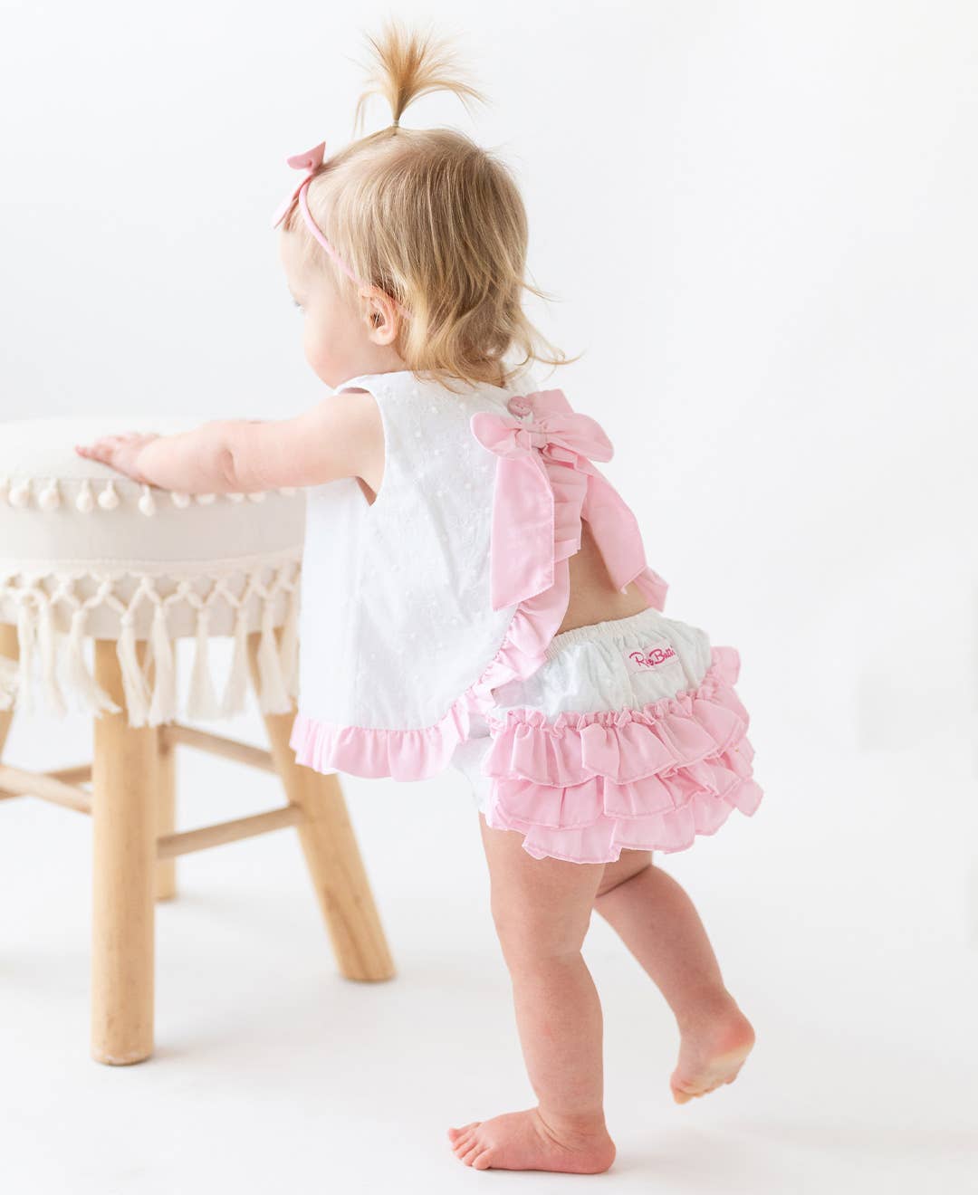 Baby Girls White & Pink Swiss Dot Swing Top & Bloomer Set