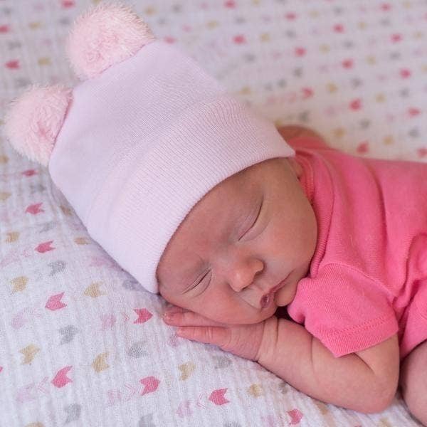 Fuzzy Bear Newborn Hospital Hat White, Pink and Blue