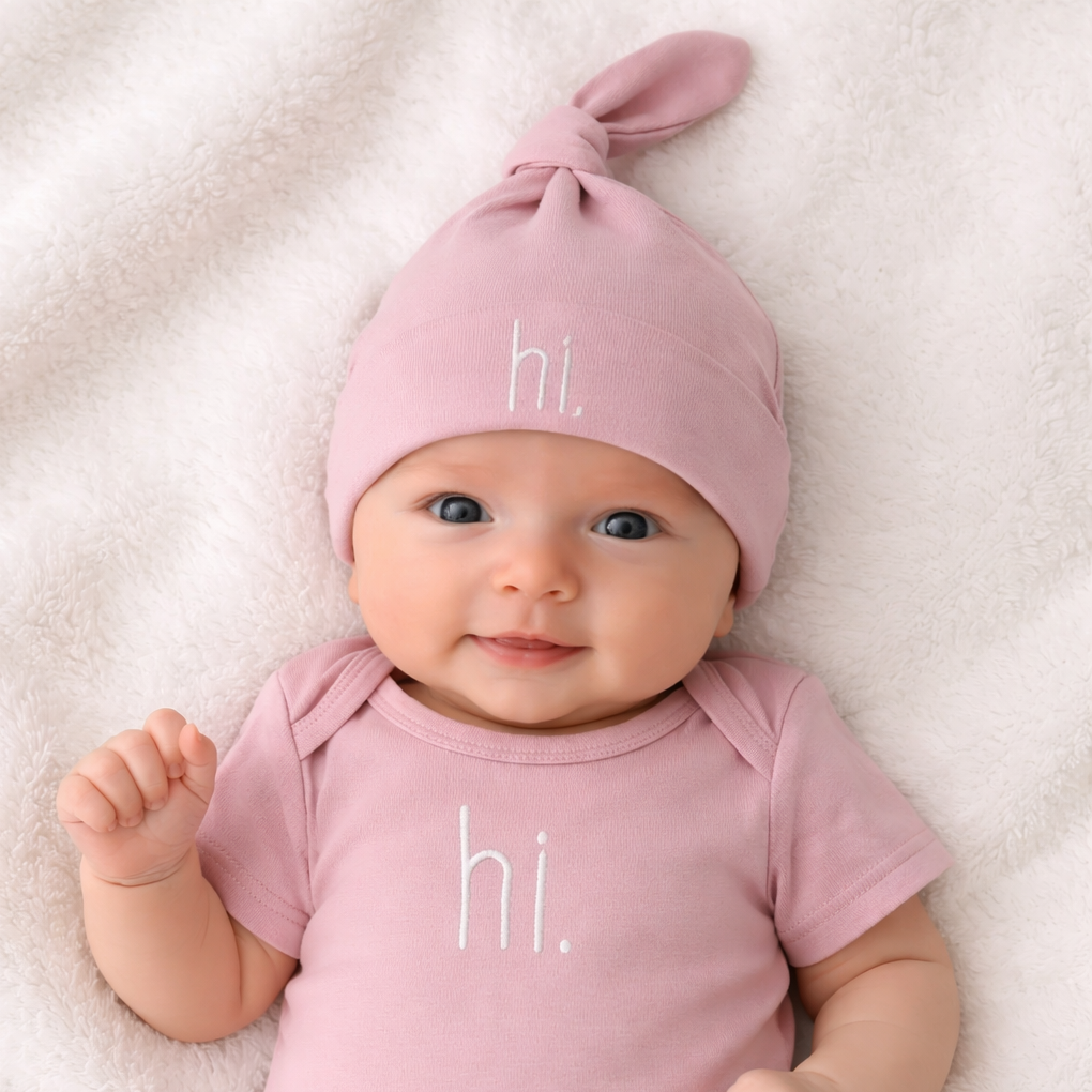 Hi. Embroidered Rosy Pink Knotted Baby Hat