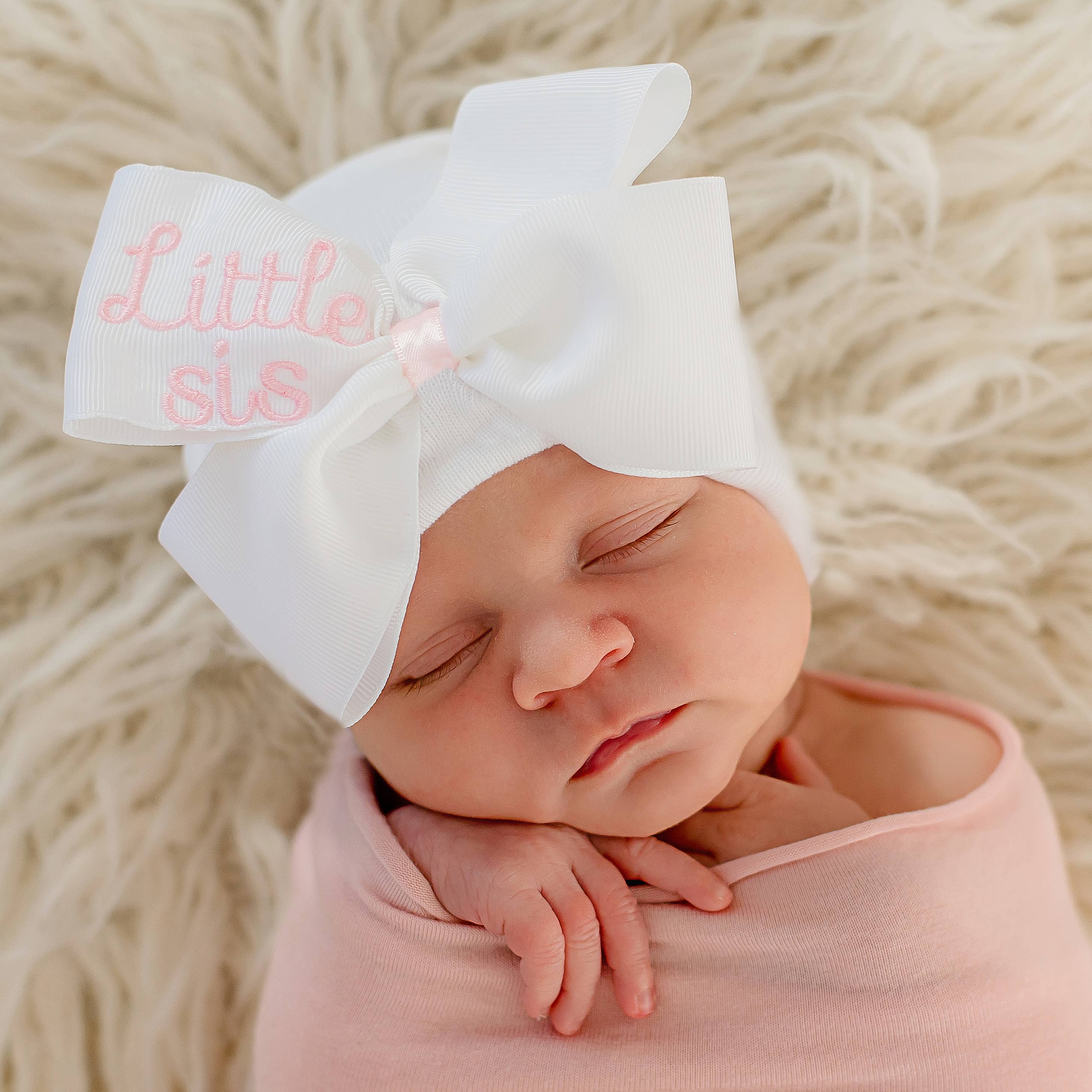 Little sis ribbon bow hat for baby sisters - newborn girls