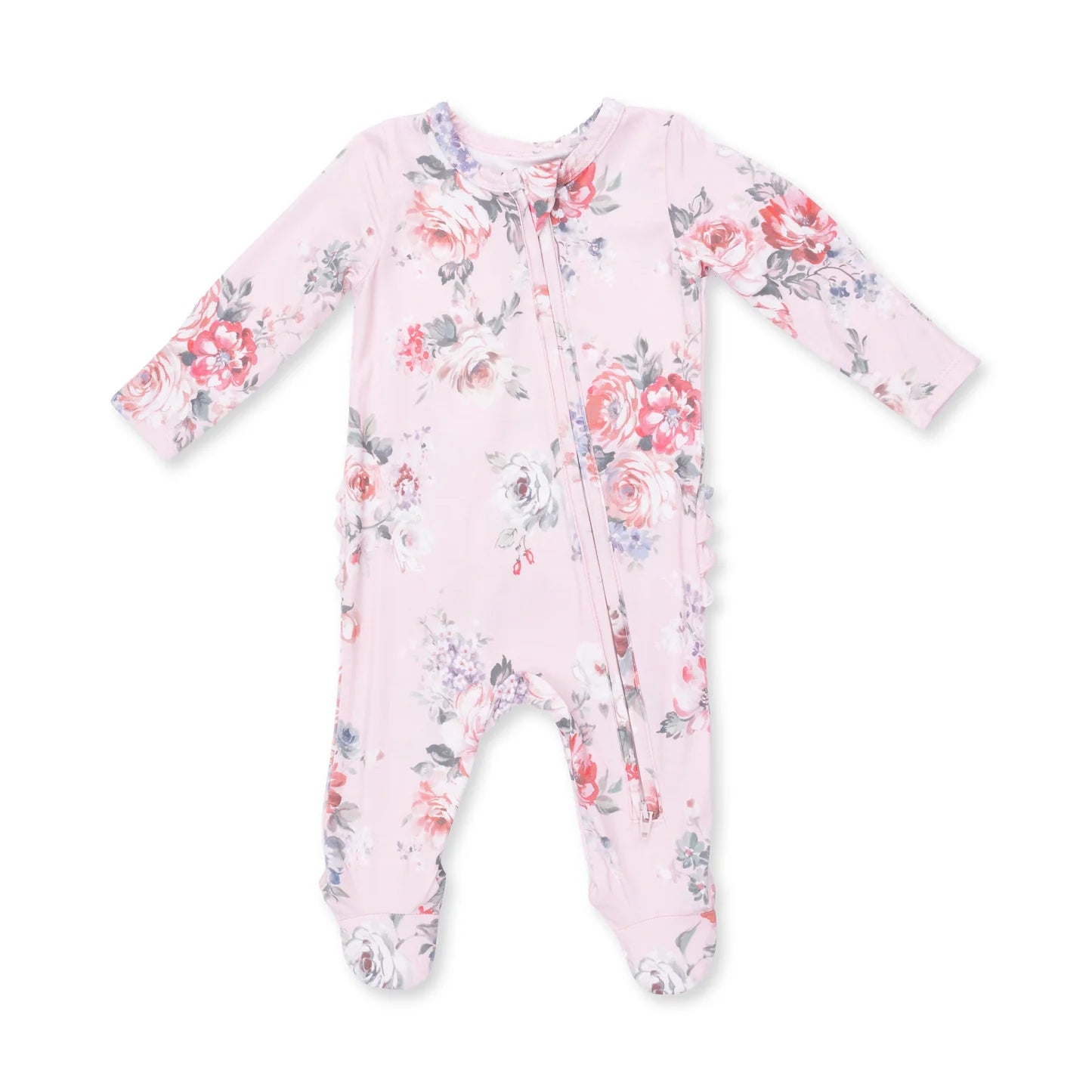 2 Way Ruffle Back Zipper Footie - Painterly Rose Bouquets