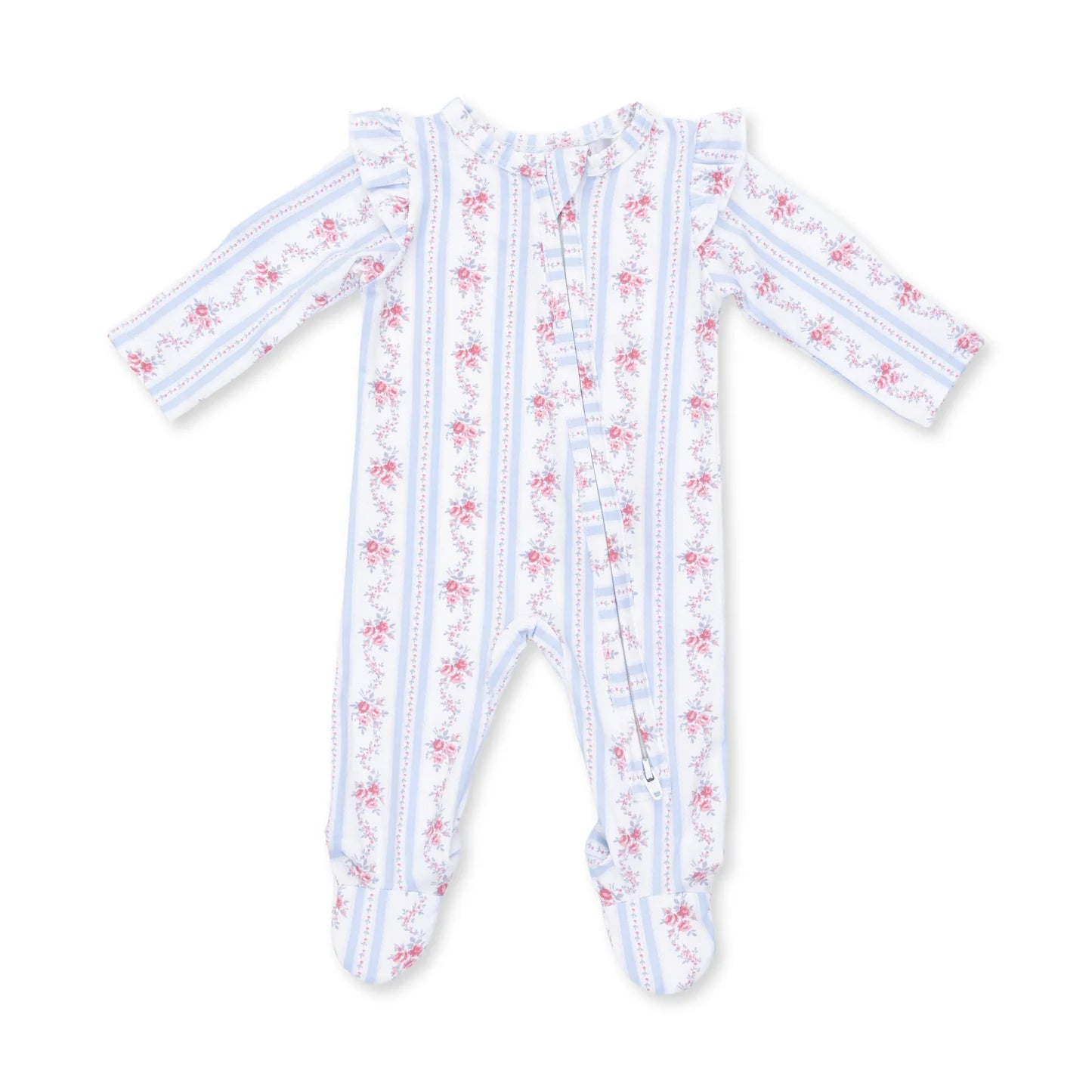 2 Way Ruffle Sleeve Zipper Footie - Anna Floral Stripe