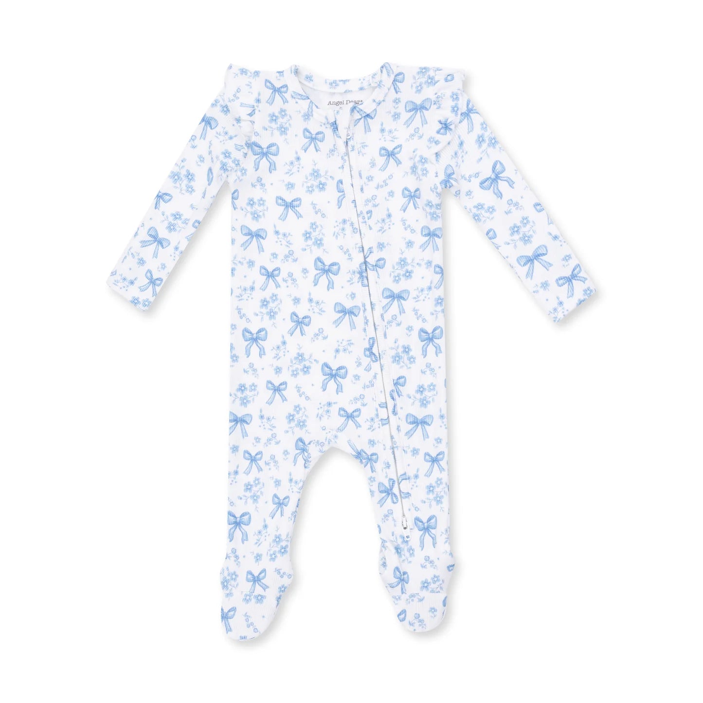 2 Way Ruffle Sleeve Zipper Footie - Blue Bows and Flowers