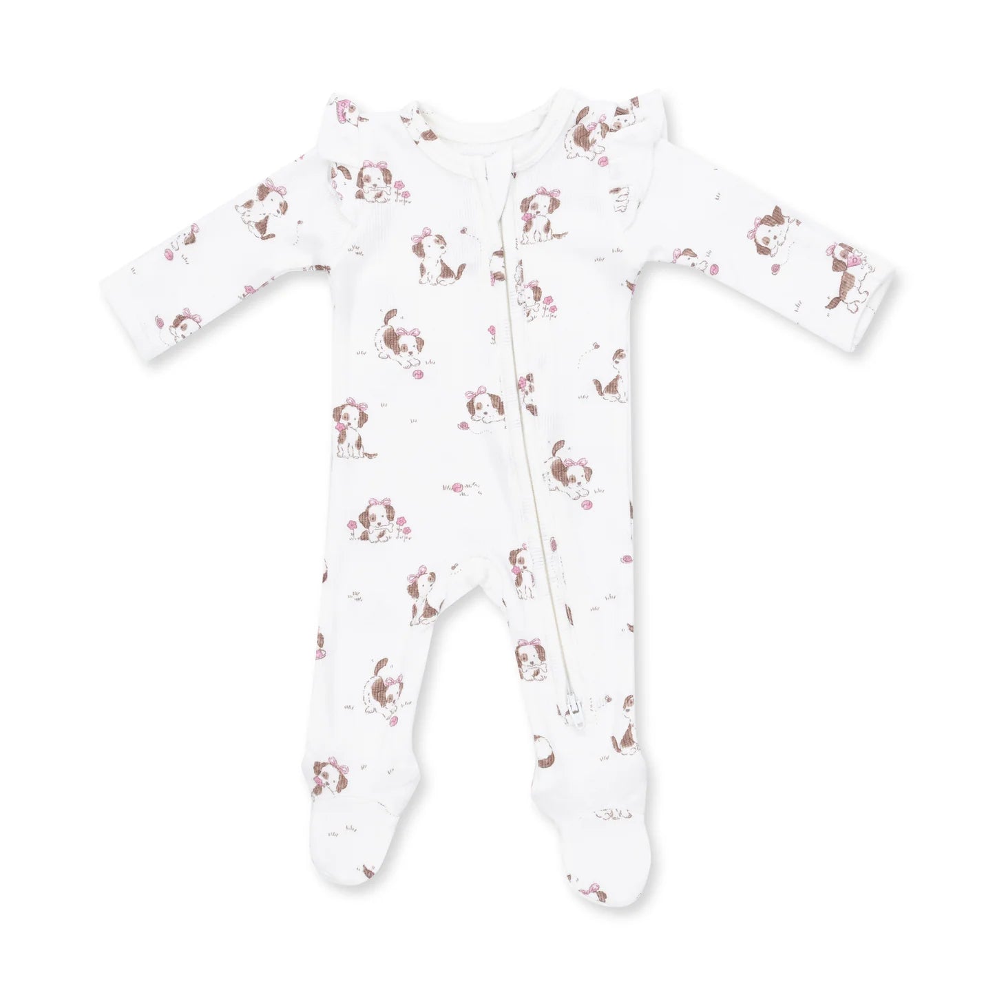 2 Way Ruffle Sleeve Zipper Footie - Explorer Puppy Pink