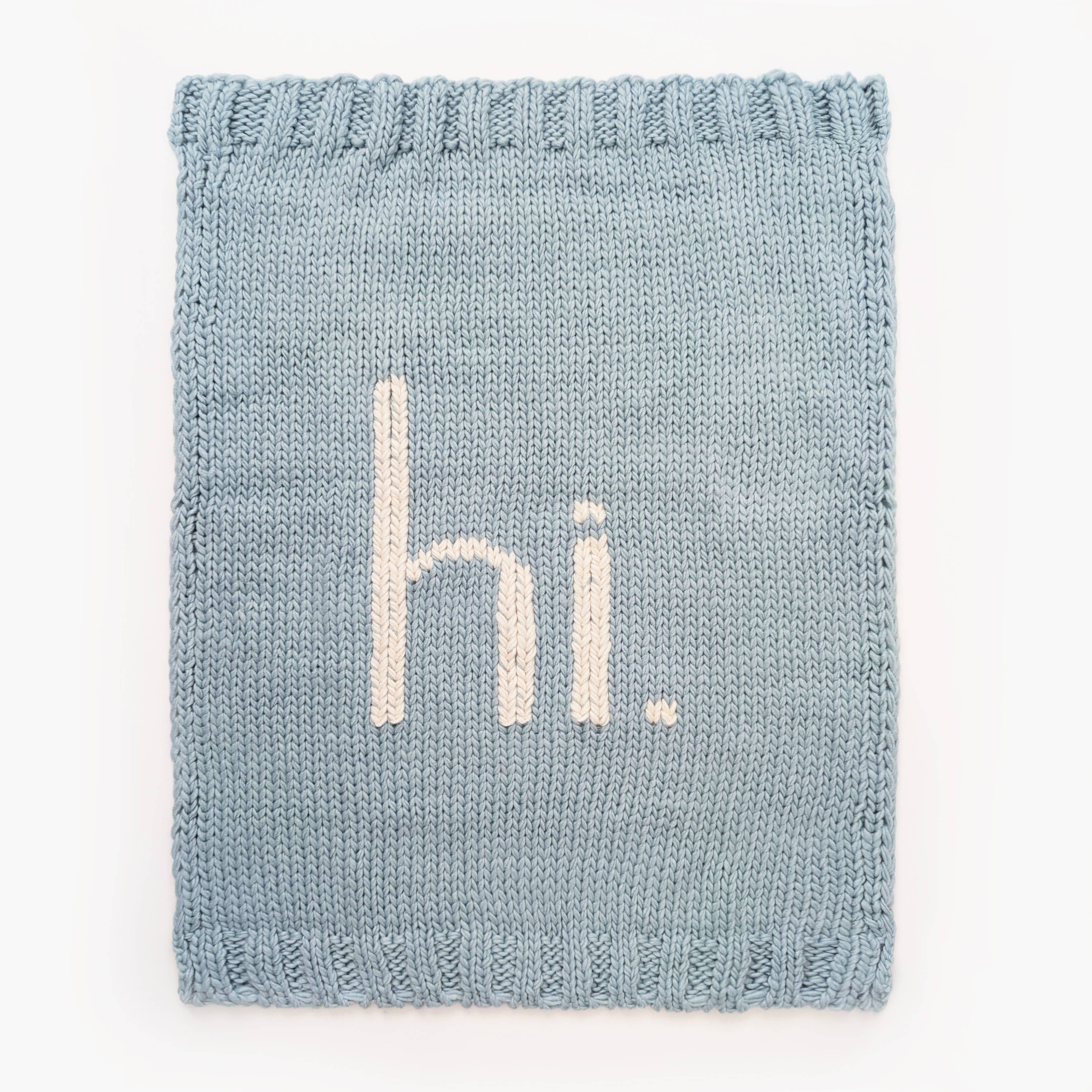 Hi. Hand Knit Baby Blanket Surf Blue