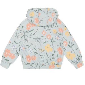 French Terry Hooded Sweatshirt Baby Blue with Printed Romantic Flower