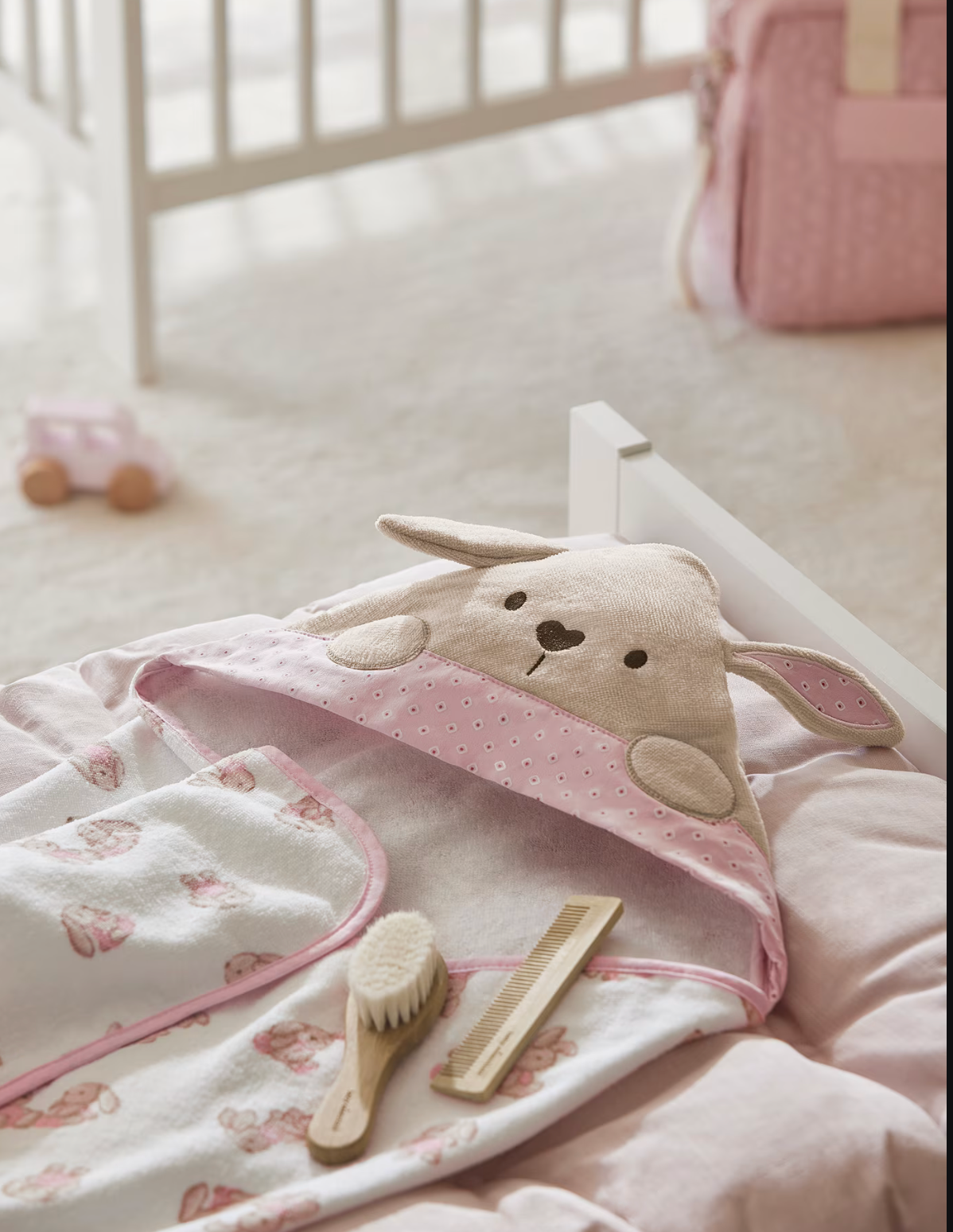 Baby Hooded Towel with Bunny in Pink