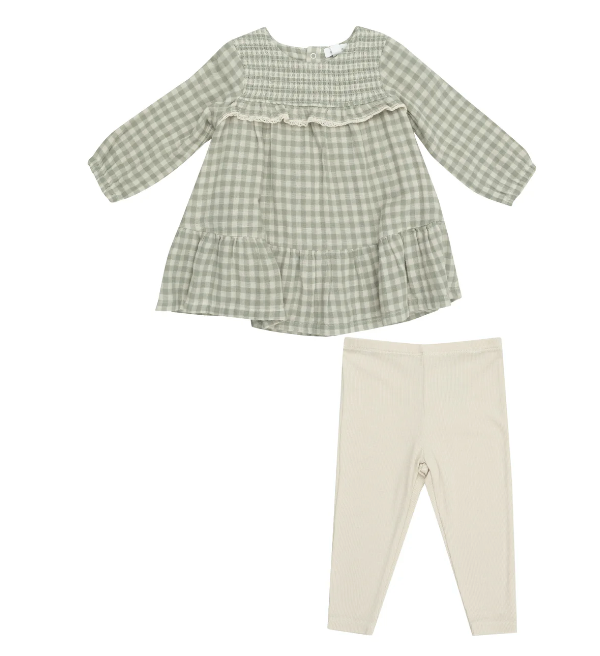Green Gingham Smocked Ruffle Dress + Leggings