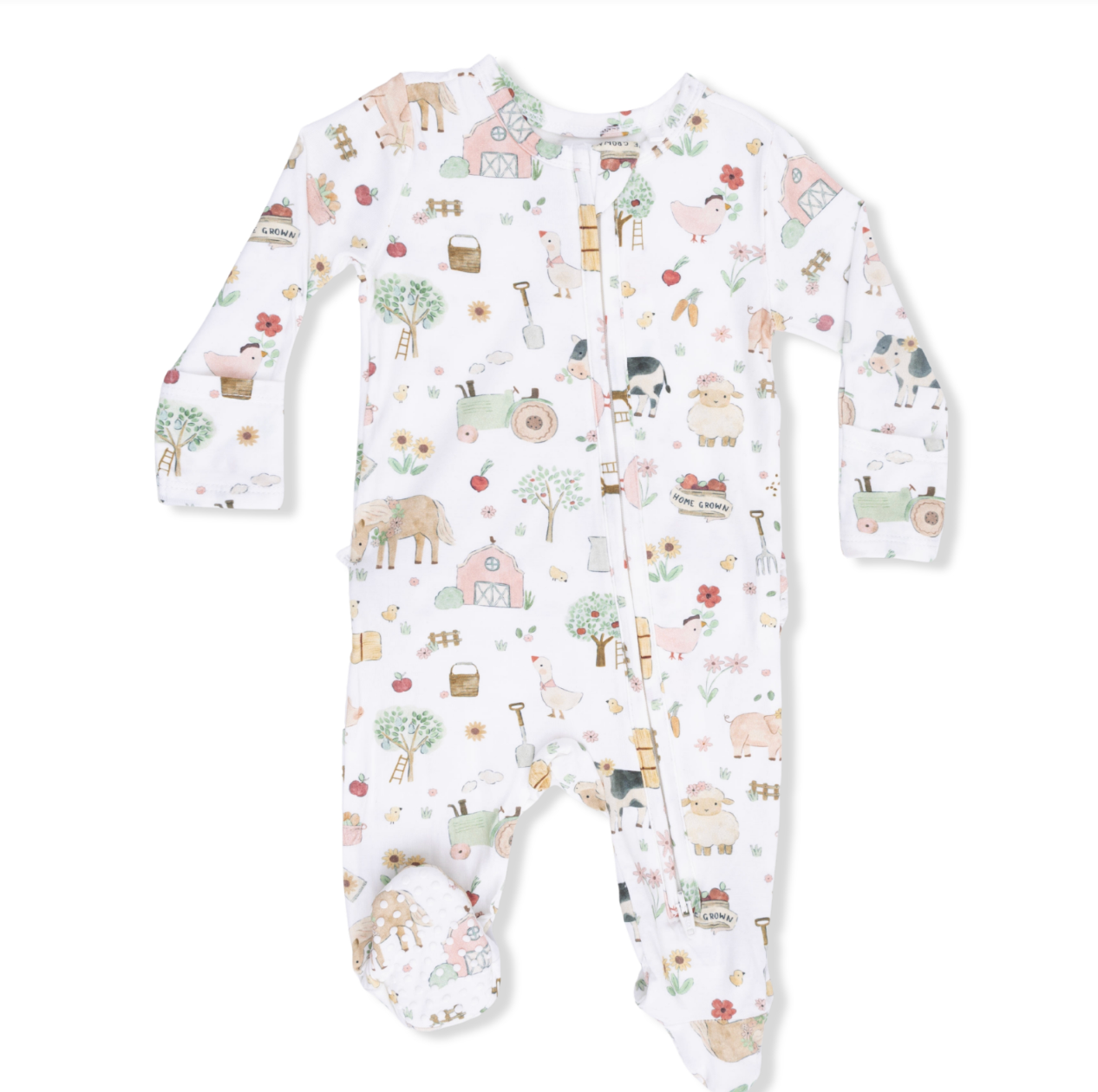 Cute Farm Animals Pink - 2 Way Ruffle Back Zipper Footie