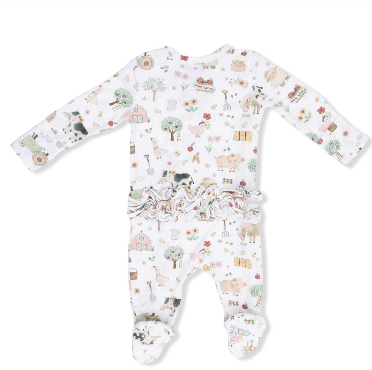 Cute Farm Animals Pink - 2 Way Ruffle Back Zipper Footie