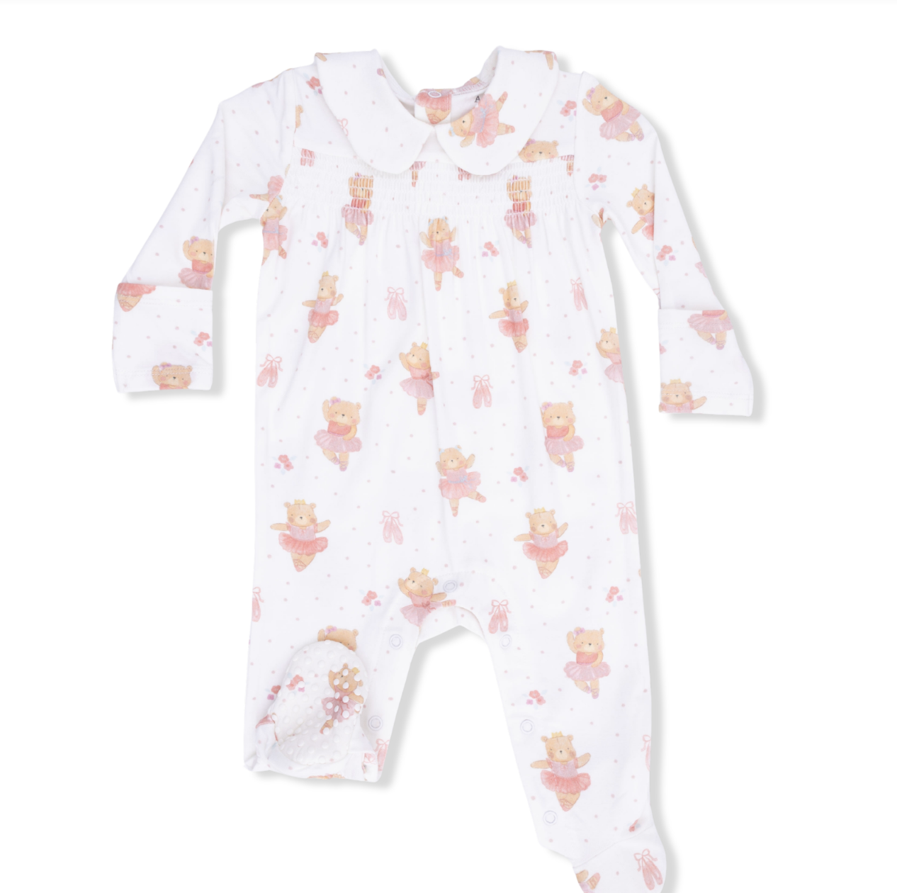Teddy Bear Ballerina - Smocked Peter Pan Snap Footie
