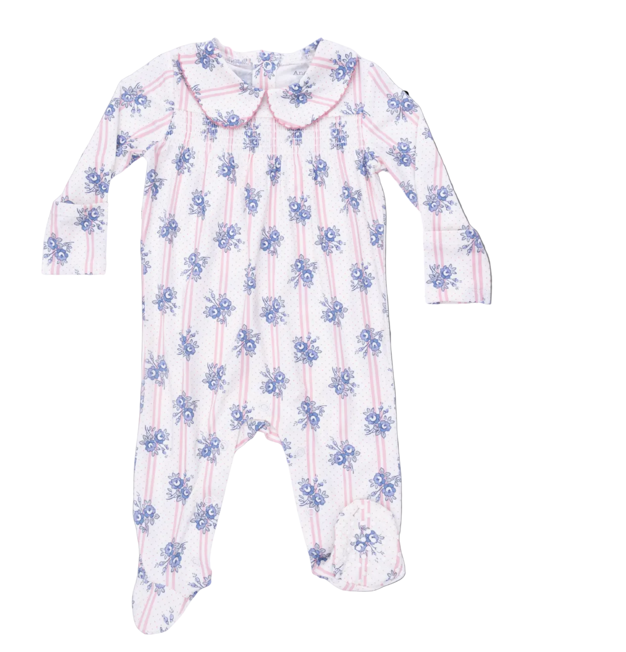 Stripe Dot Roses - Smocked Peter Pan Snap Footie