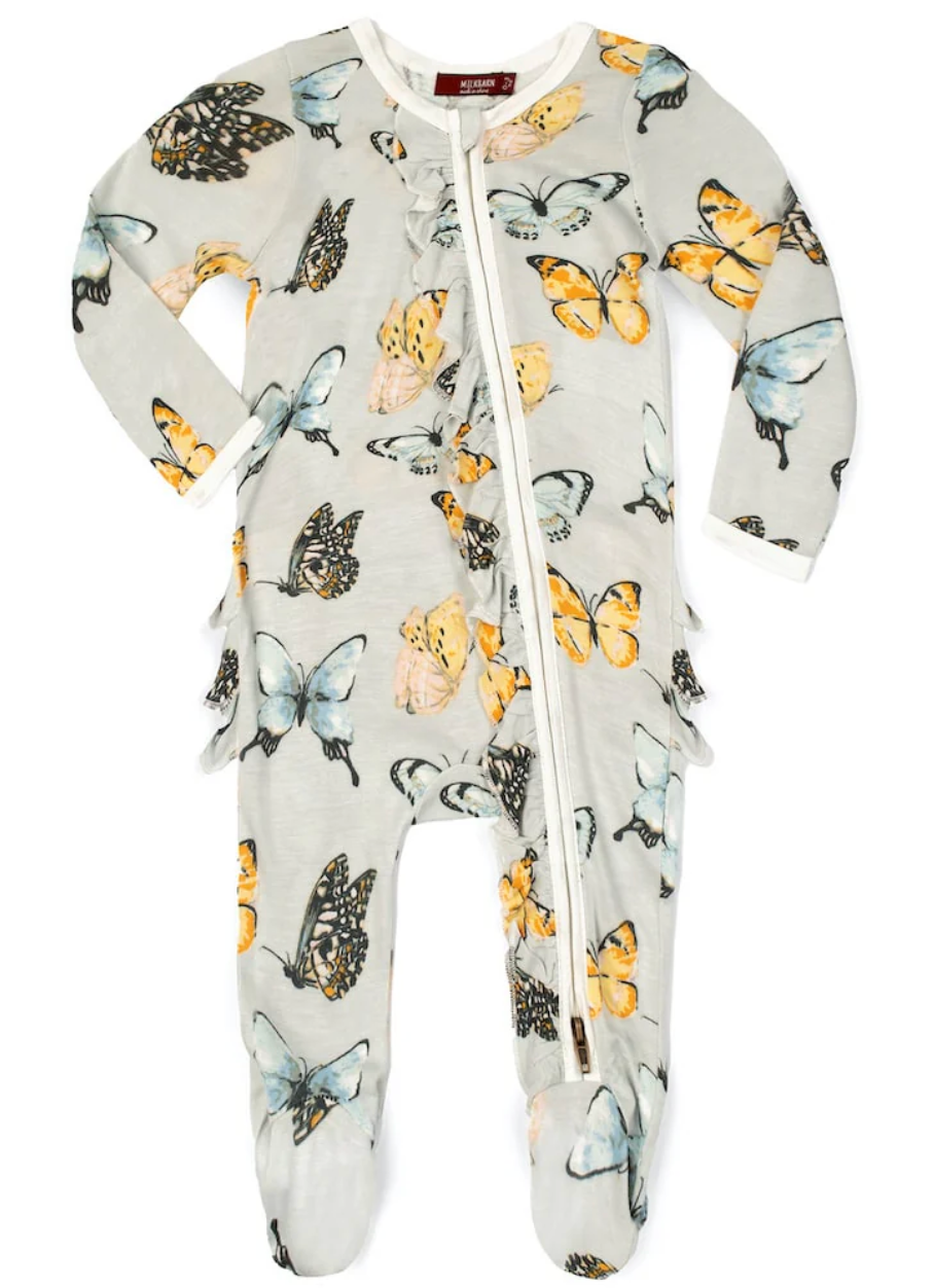 Butterfly Bamboo Ruffle Zipper Footie