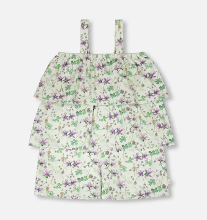 Jersey Romper with Tiers Green Printed Flowers