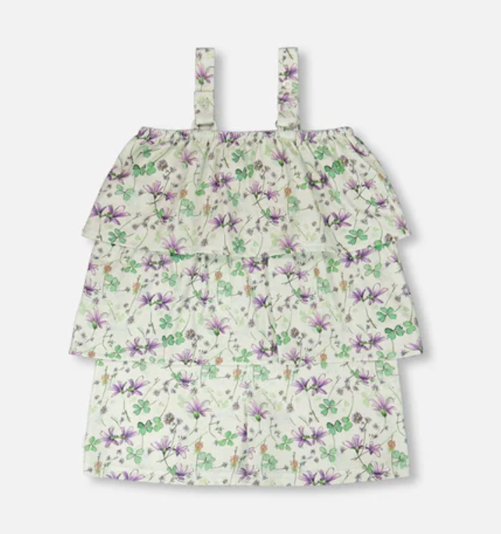 Jersey Romper with Tiers Green Printed Flowers