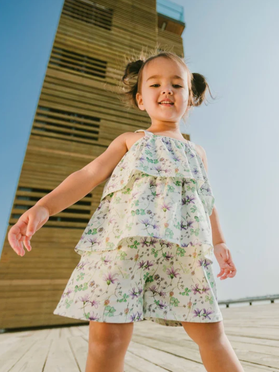 Jersey Romper with Tiers Green Printed Flowers