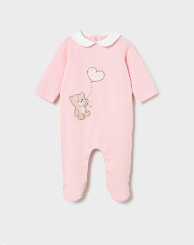 Newborn Girl Embroidered Teddy Bear Footie