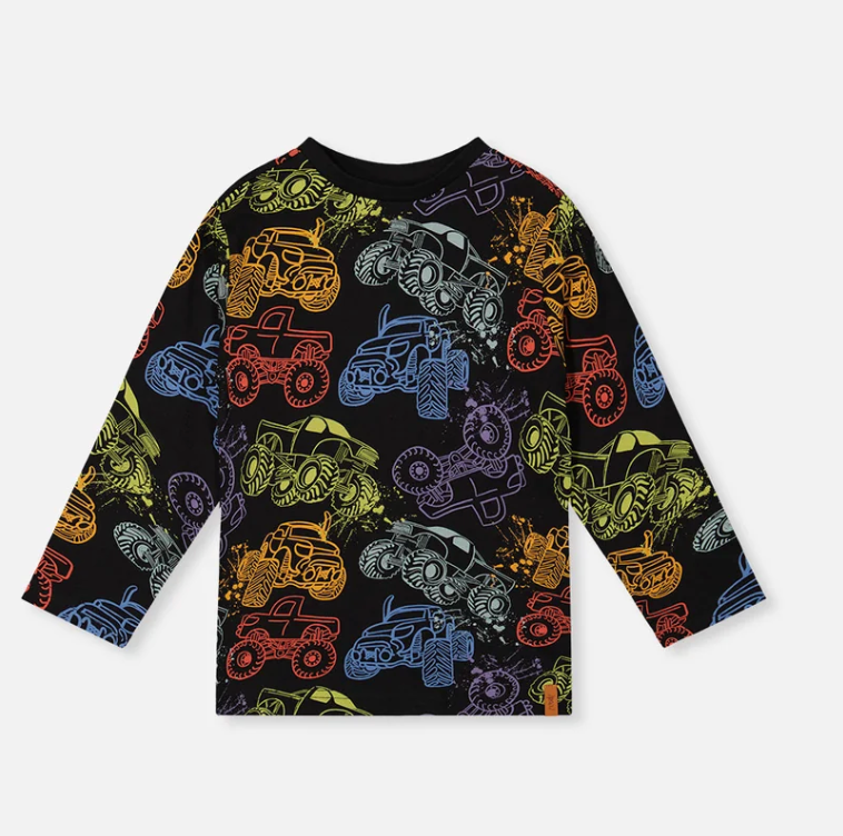 Organic Cotton Long Sleeve T-Shirt Black Monster Truck Print