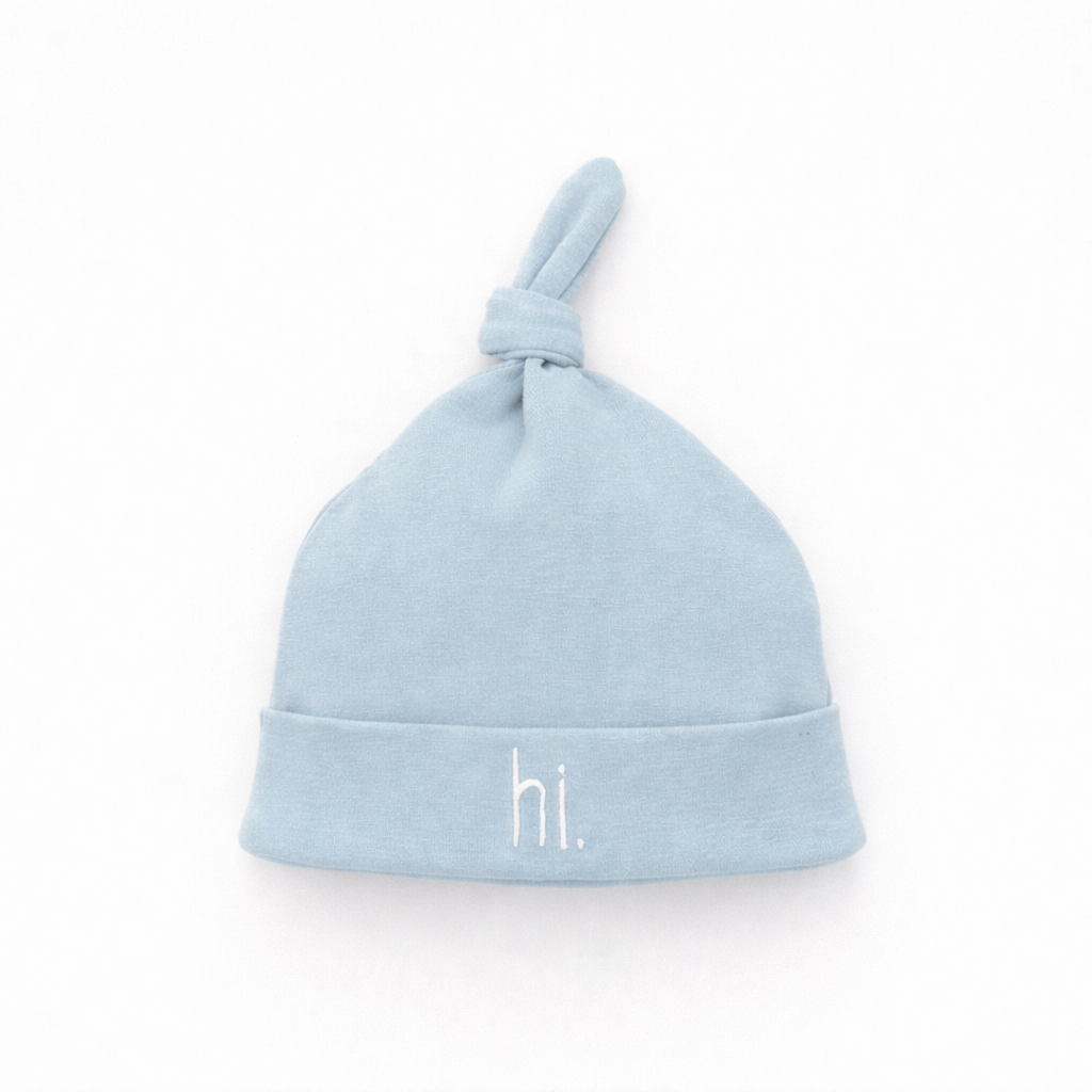 Hi. Embroidered Surf Blue Knotted Baby Hat