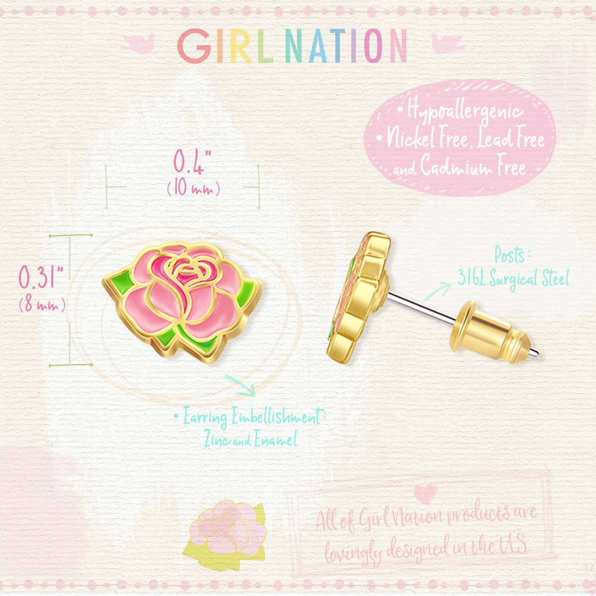 Blushing Pink Rose | Cutie Stud Earrings | Hypoallergenic