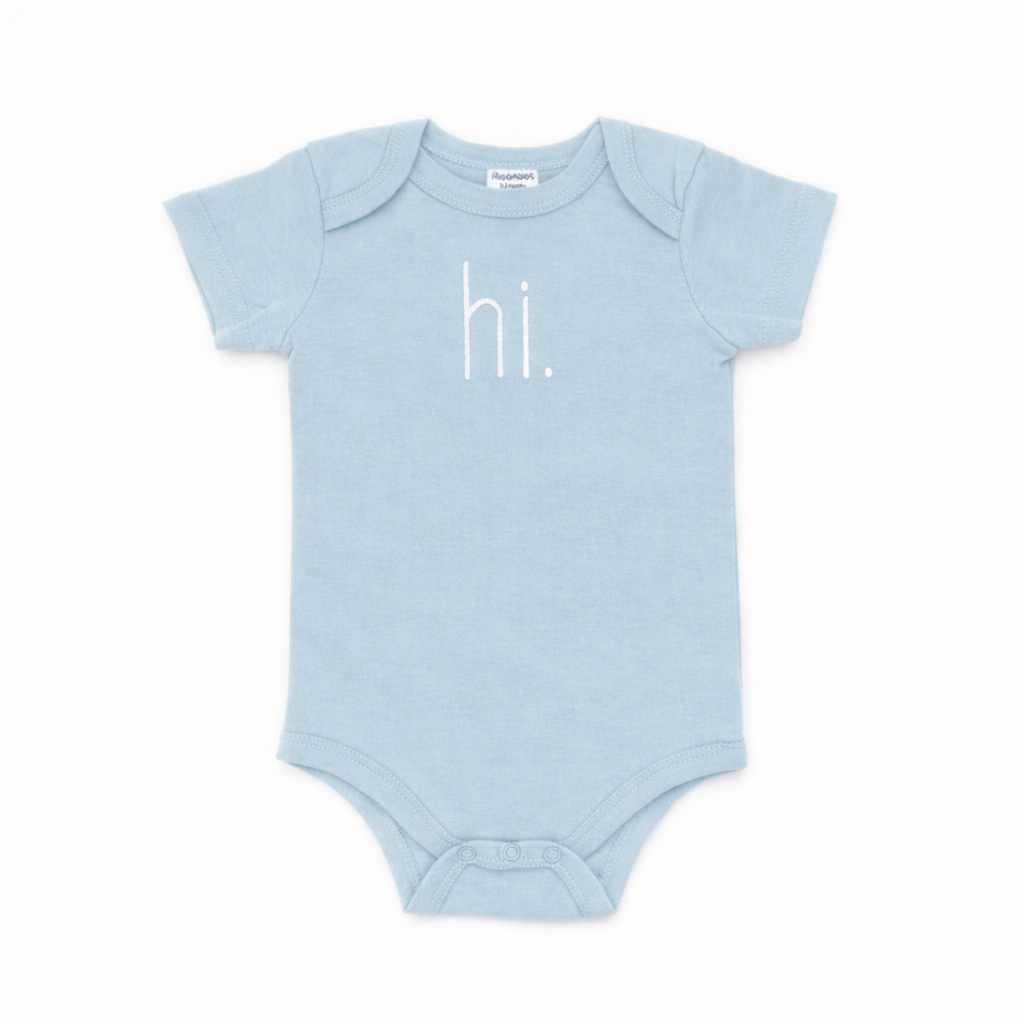 Hi. Embroidered Surf Blue Cotton Knit Onesie for Baby