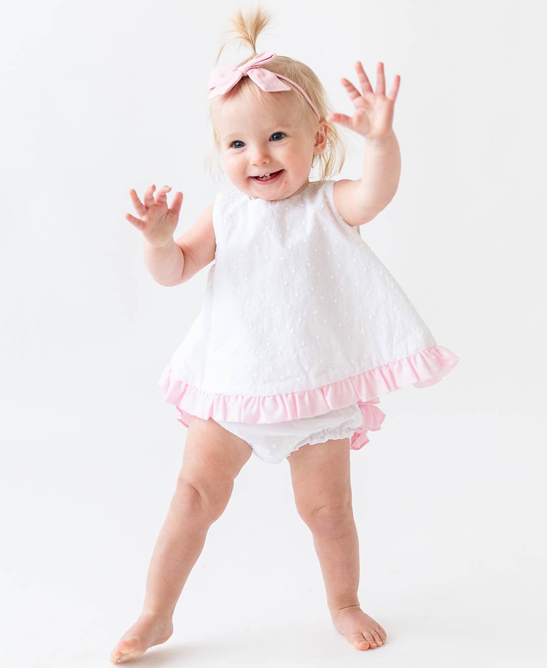 Baby Girls White & Pink Swiss Dot Swing Top & Bloomer Set
